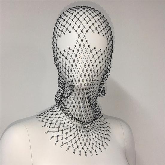 Fishnet Hat Rhinestones Design Hollow Hooded Hat Solid Color Breathable Elastic Fishnet Night Club Hat