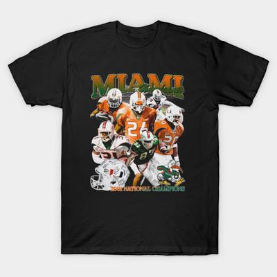 Men Black Print T-shirt Miami Hurricanes 2001 Championship No-Cut Heat Transfer Print Cotton Tshirt