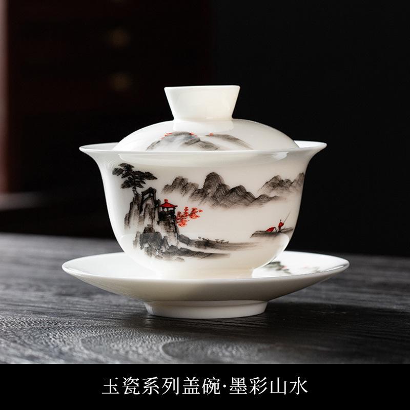 Hover Sancai Gaiwan Teacup Single Large Hand-Painted White Porcelain Tea Set Ceramic Anti-Scalding Tea Bowl