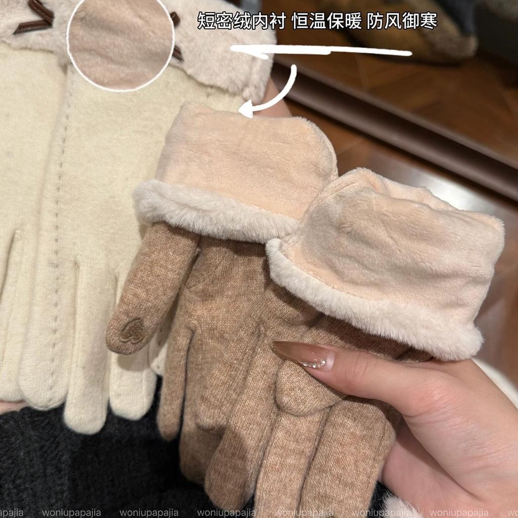 Korean Version of Gloves for Women's Autumn and Winter 2025 New Velvet Cold-proof and Warm Riding Driving Touch Screen Bow Plush Gloves