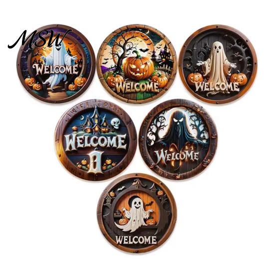 Halloween Wooden Coasters 6Pcs/Set Coasters, Retro Pumpkin Ghost Drink Non-slip Table Protection Round Heat Insulation Pads for Dining Holiday A