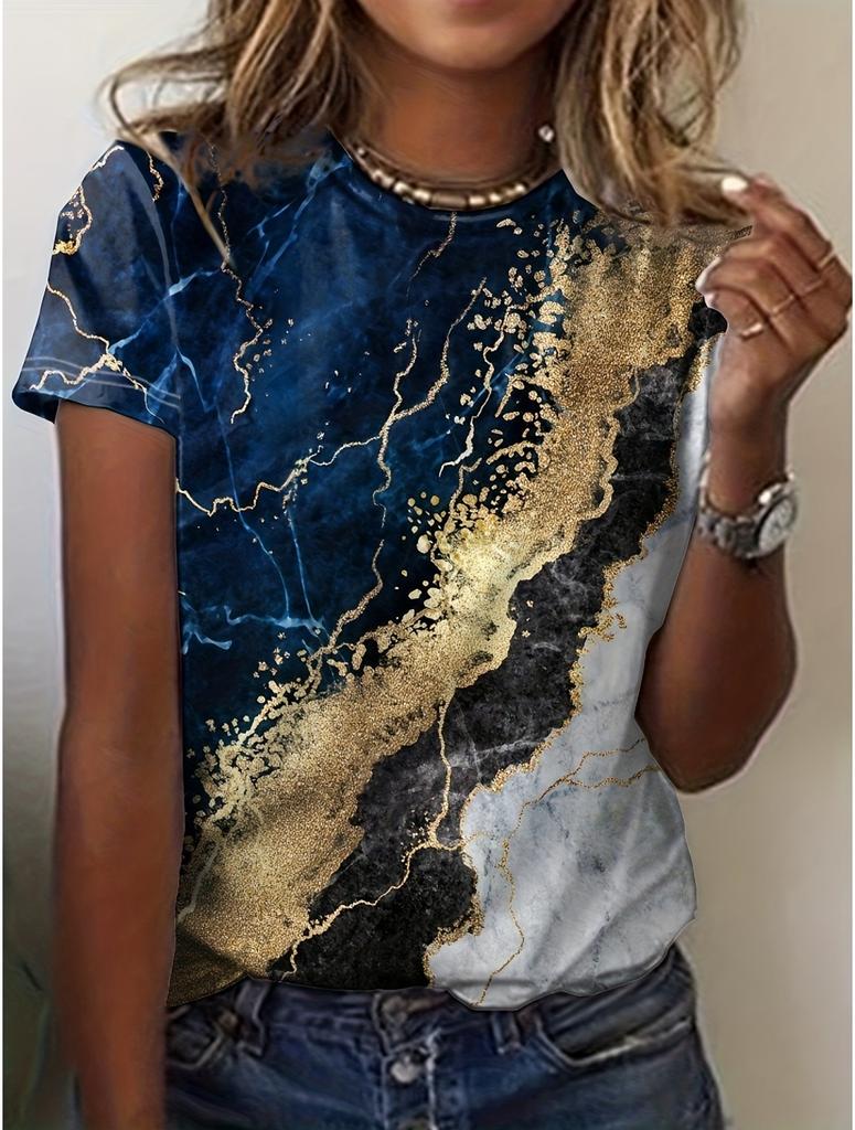 Sommer Damen T-Shirt Blumenstruktur 3D-Druck Florale Grafiken T-Shirts Lässige Kurzarm-Oberteile Mode O-Ausschnitt T-Shirt für Damen
