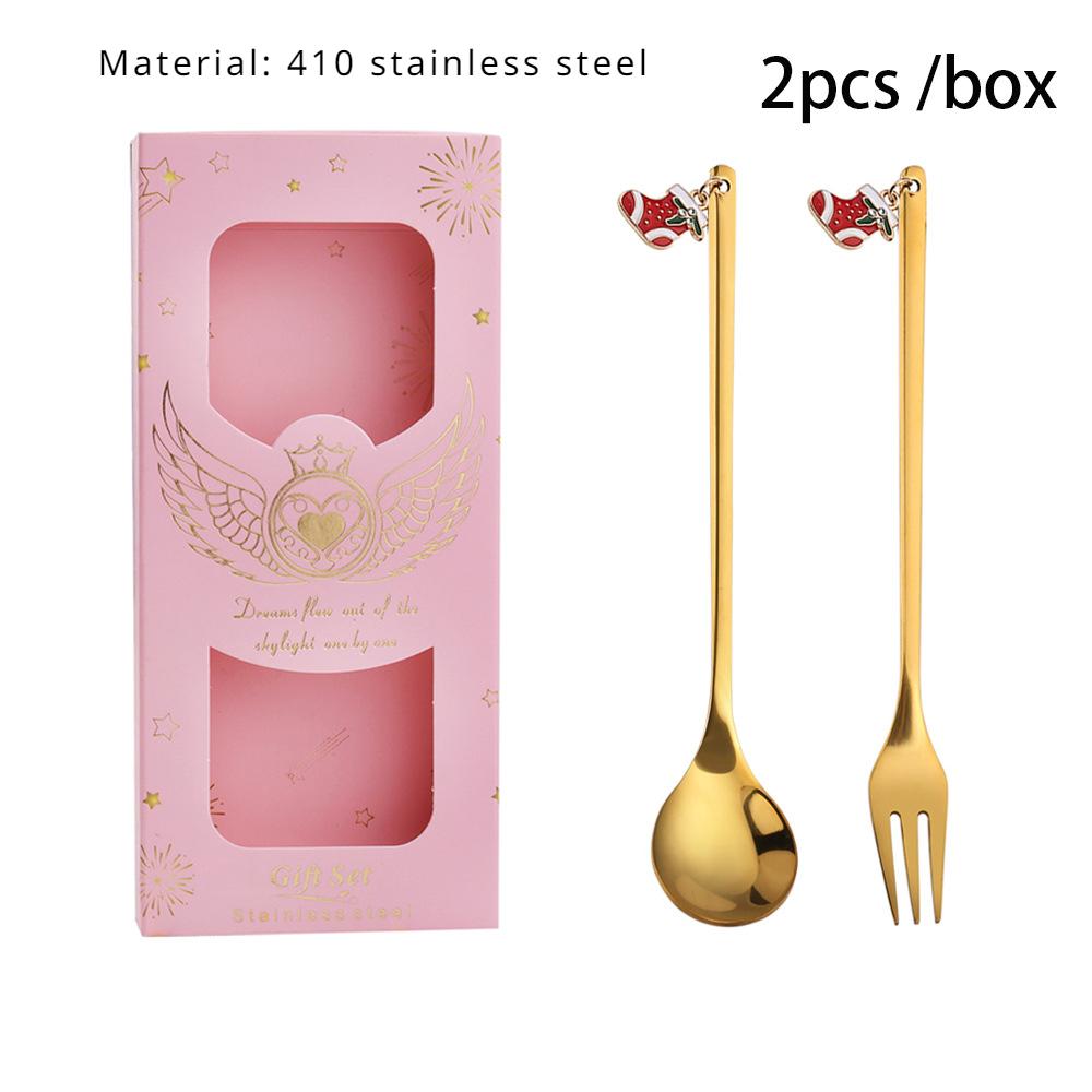 HANYANG Stainless Steel Christmas Dessert Spoon and Fork Gift Set Fruit Fork Father Christmas Coffee Spoon Hotel Household Tableware