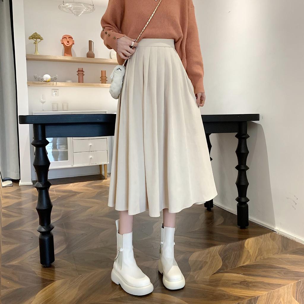 Vintage High Waist Pleated Skirt Women Korean Fashion College Style Long Skirt Ladies Autumn Casual A Line Skirts