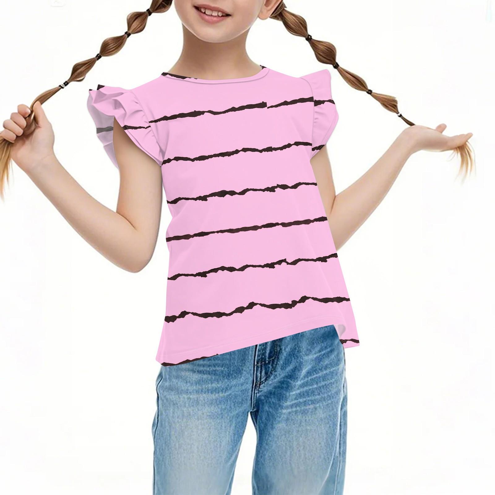 

Children s Casual Short-Sleeved Pleated, Cute Striped Printed Round-Neck Solid-Color Top 120