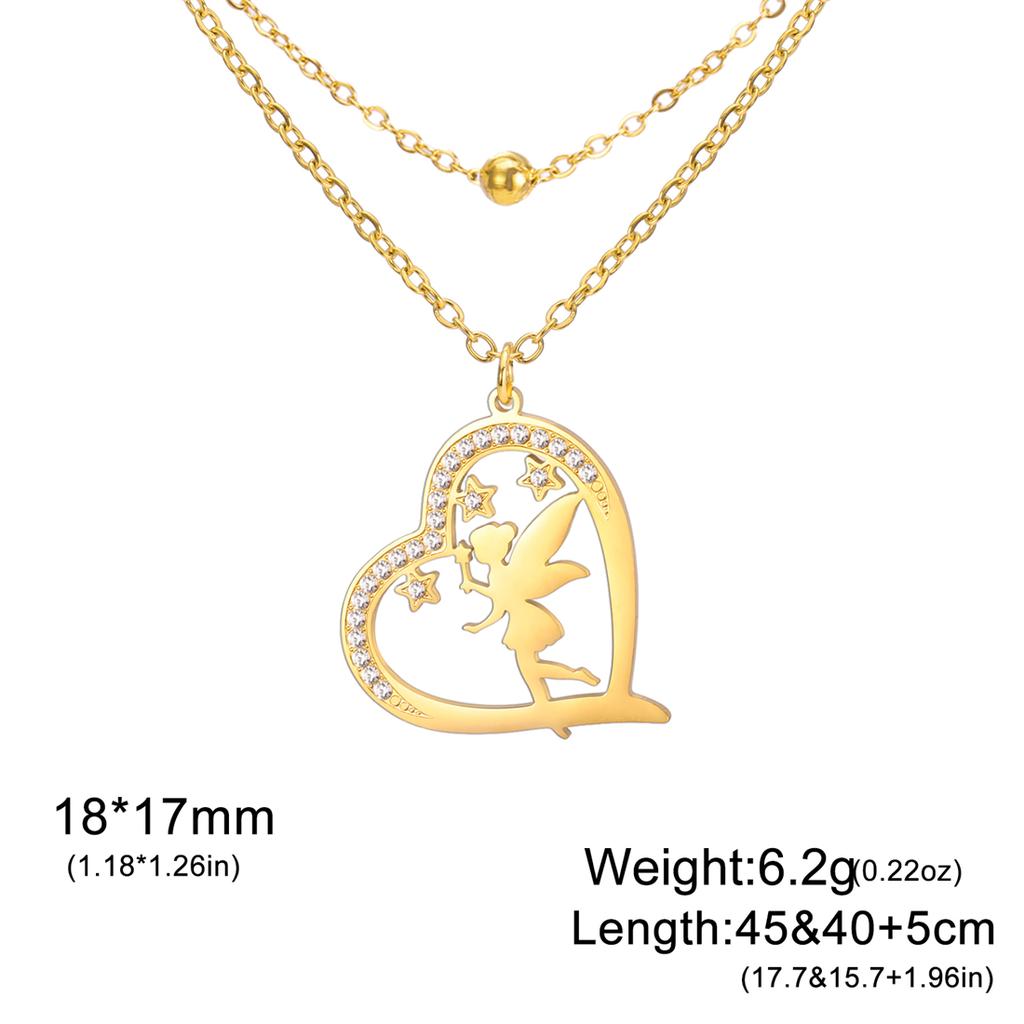 Heart Shaped Elves Fairy Pendant Necklace Stainless Steel Flower Angel Pixie Necklaces Rhinestones Birthday Jewelry Gift