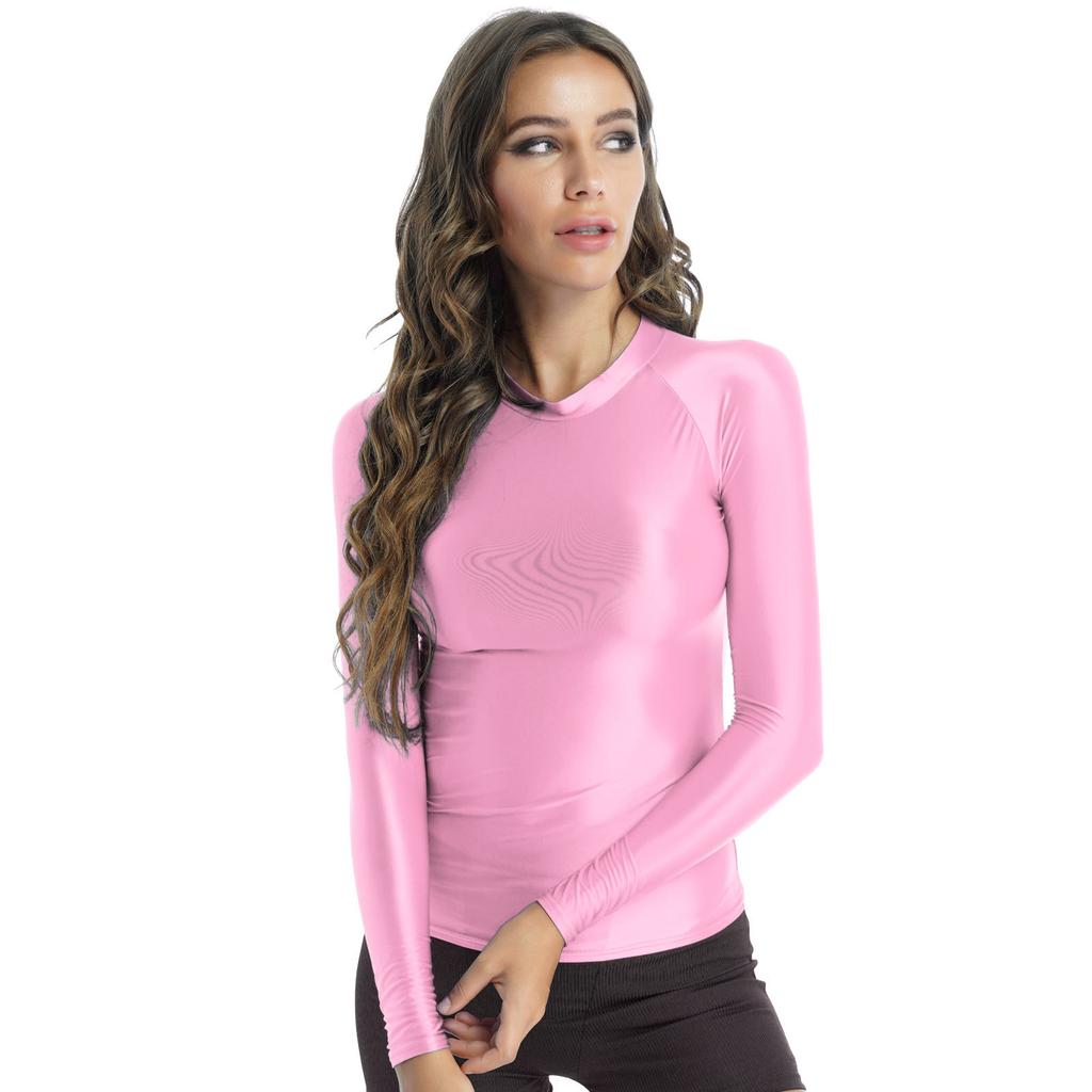 M-XL Women's Glossy Yoga Top: O Neck Long Sleeve Solid Color Slim Fit Breathable T-Shirt for Athletic Wear