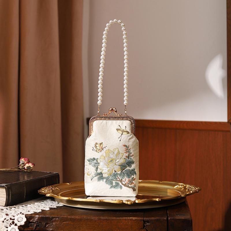 Cheongsam Banquet Bag Antique Style Embroidery Flower Clutch Vintage Elegant Mother'S Handbag With Fake Foot Chain For Women