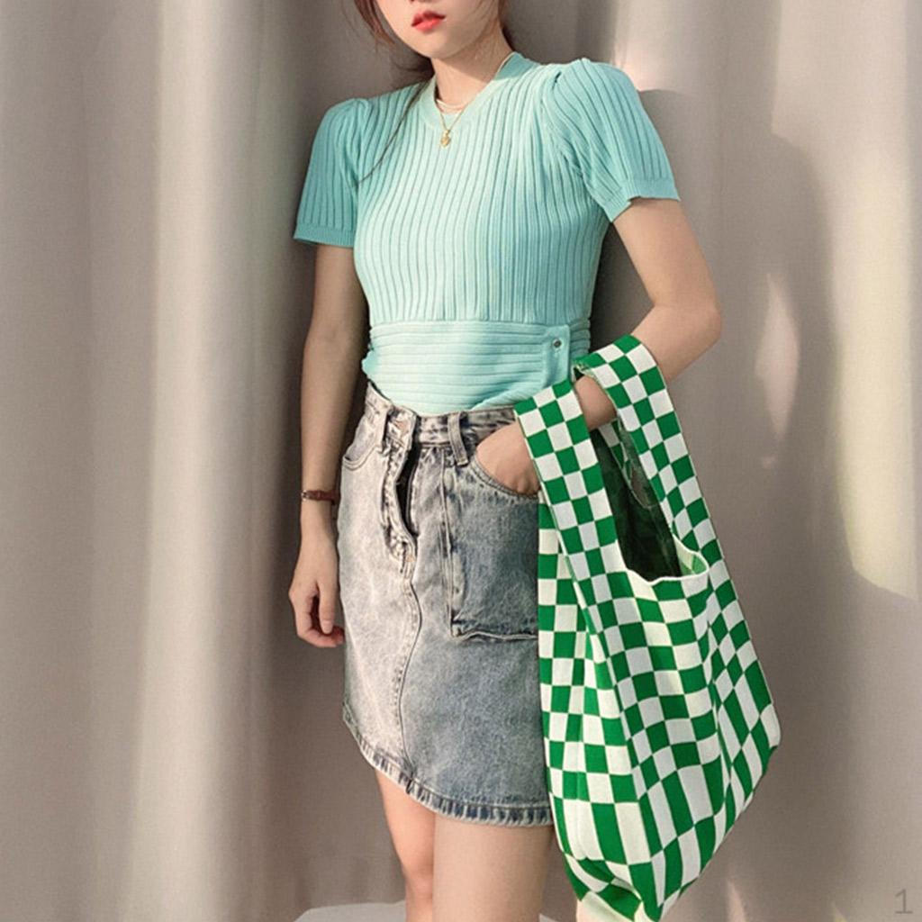 

Woven Bag Women Handbag Tote Grid Pattern Knitted Purse Handbags Green White_50x25cm