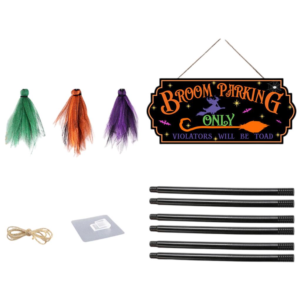 Enchanting Witches Broomsticks Parking Sign with 3 Wood Brooms Halloween Front Porch and Wall Decoration Party Supplies