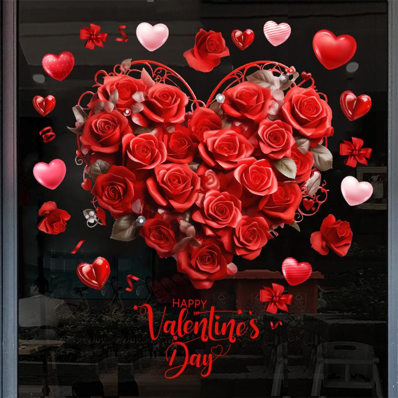 יום האהבה רומנטי אדום ורוד ורד צורת לב מדבקות לחלון קישוט אווירה חגיגית למסיבה לבית לחנות למסעדה