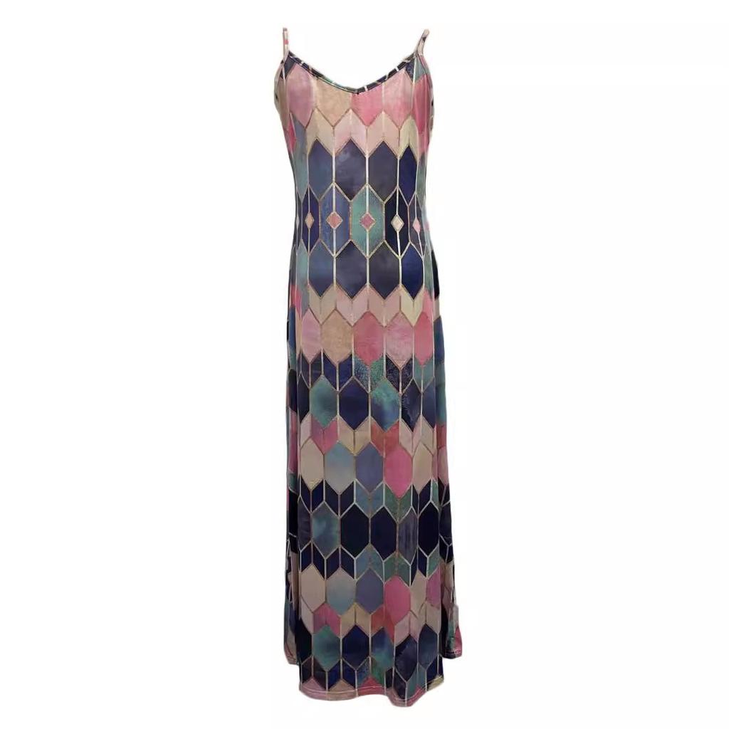 Womens Fashion Chic Argyle Print Spaghetti Strap Maxi Dress Summer Beachwear Vacation Dress Sleeveless Dress Strappy Dress Long Dress