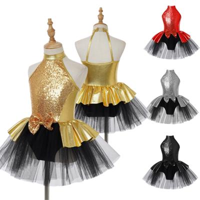 Kids Girls Sparkly Sequins Halter Cutout Back Ballet Dance Tutu Dress Leotard Ballerina Competition Stage Performance Costume
