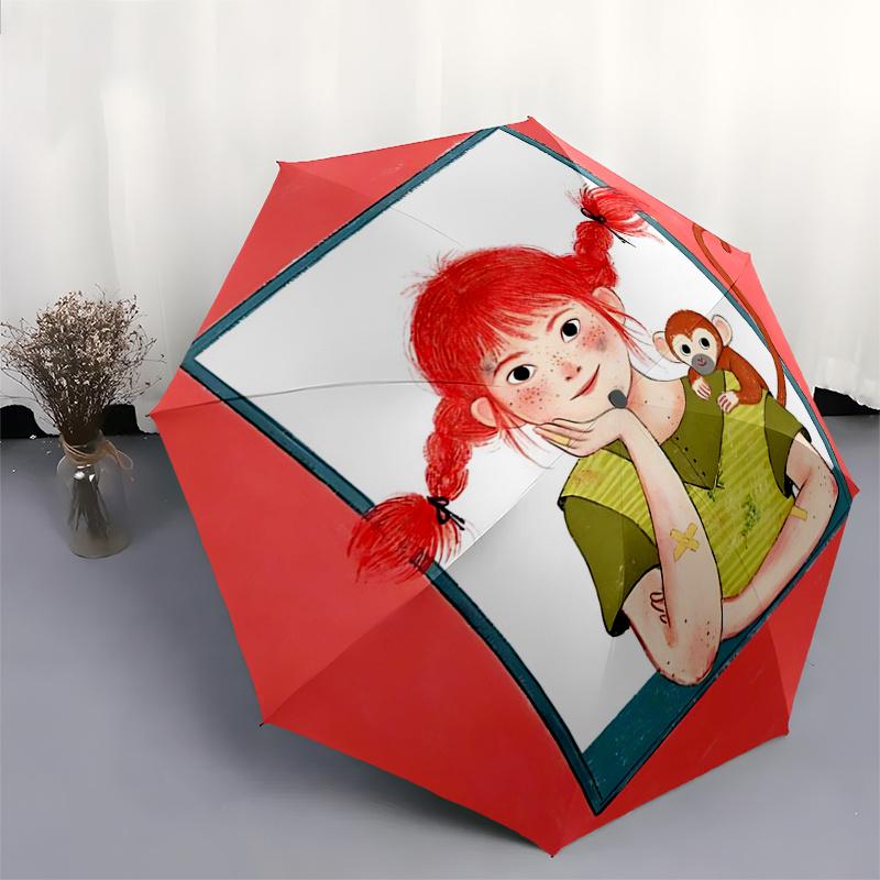 Pippi Longstocking Themed Travel Umbrella-8 Ribs Automatic Opening and Closing, Portable Folding Design, Compact and Stylish Umbrella Suitab