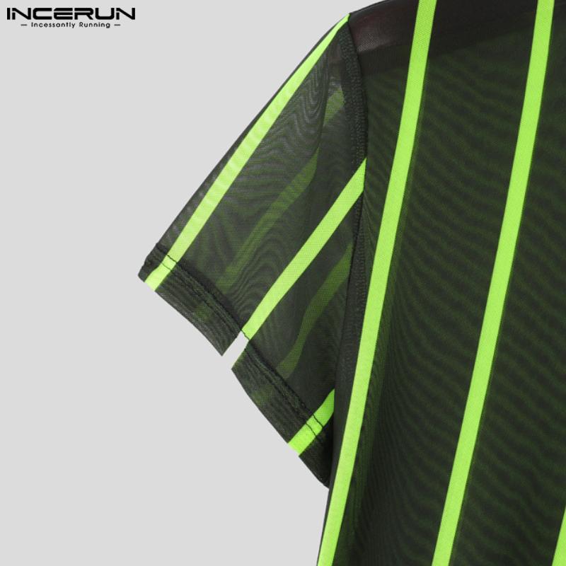 INCERUN Men Short Sleeve Mesh Sheer Patchwork Striped Party Club T-shirts Tops