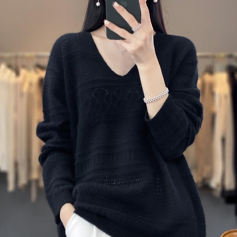 2023 Women's Pure Cashmere V-Neck Knitted Sweater: Loose, Hollow, Autumn/Winter Wool Pullover