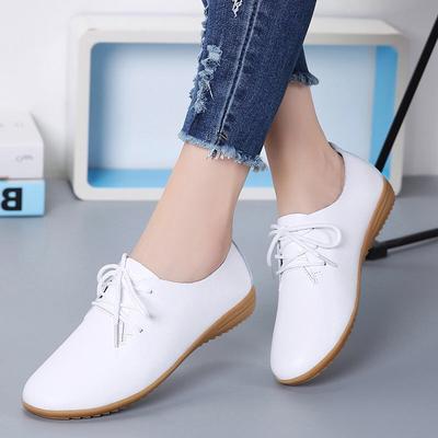 Large Size Genuine Leather Women's Shoes Korean Style Student Flat White Shoes Women Round Toe Casual Single Shoes Women Trendy Simple Style