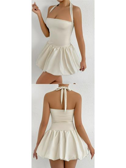 European & American Summer Pleated Backless Lace-up One-Shoulder Princess Dress