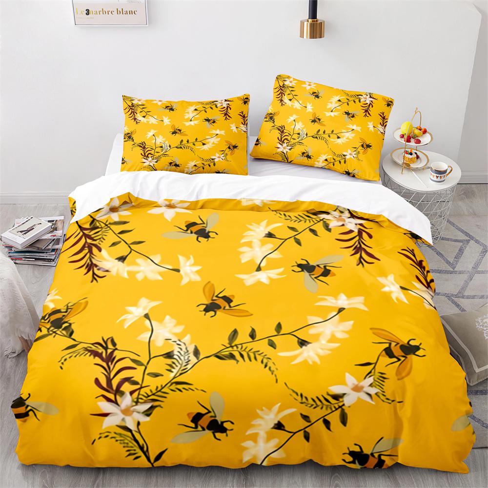 Bee Duvet Cover Set Watercolour Painting Cartoon Cute Wildlife Comforter Cover King Queen for Kids Girl Polyester Bedding Set