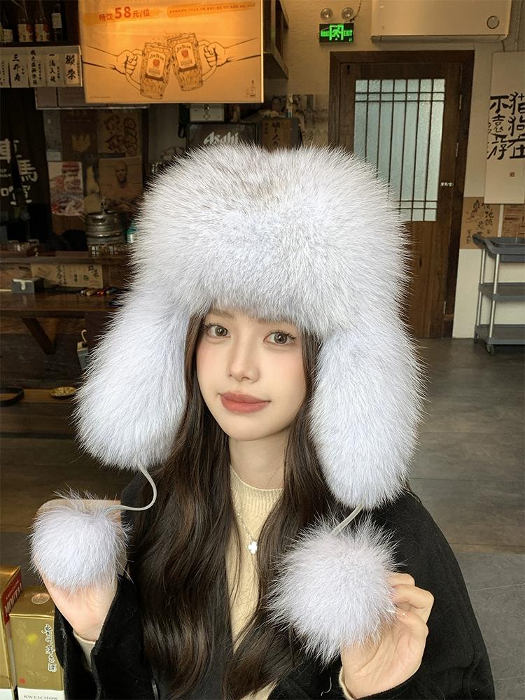 Fox Fur Ear Protection Fur Lei Feng Hat Female Ski Hat Parent-child Furry Hat Headband Hat Thickened Warm Snow Hat