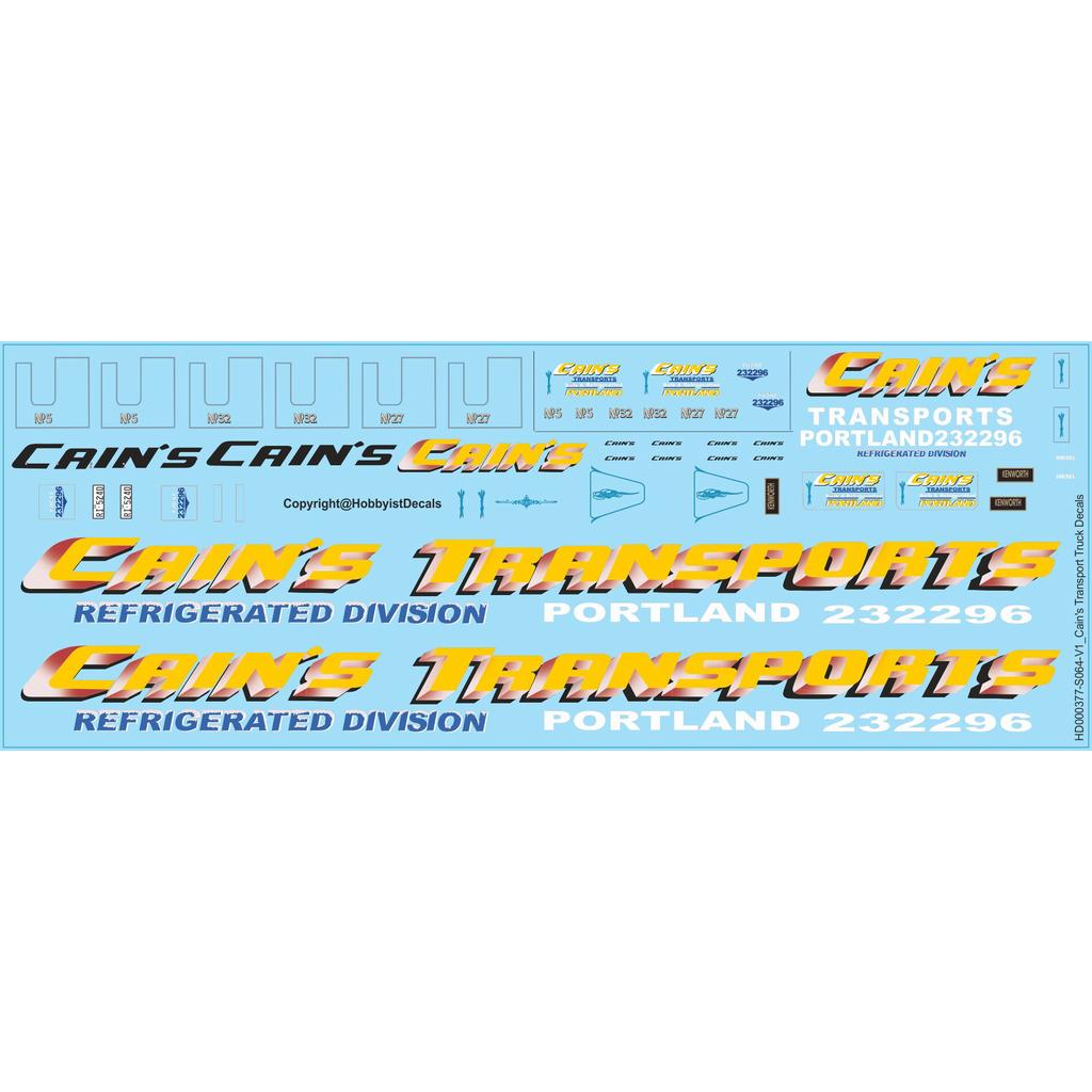 CAIN'S TRANSPORT - Model Truck Decals - 1/24 1/50 1/64 1/87 - Water Decal - Waterslide, 1/50 - Waterslide, 1/24