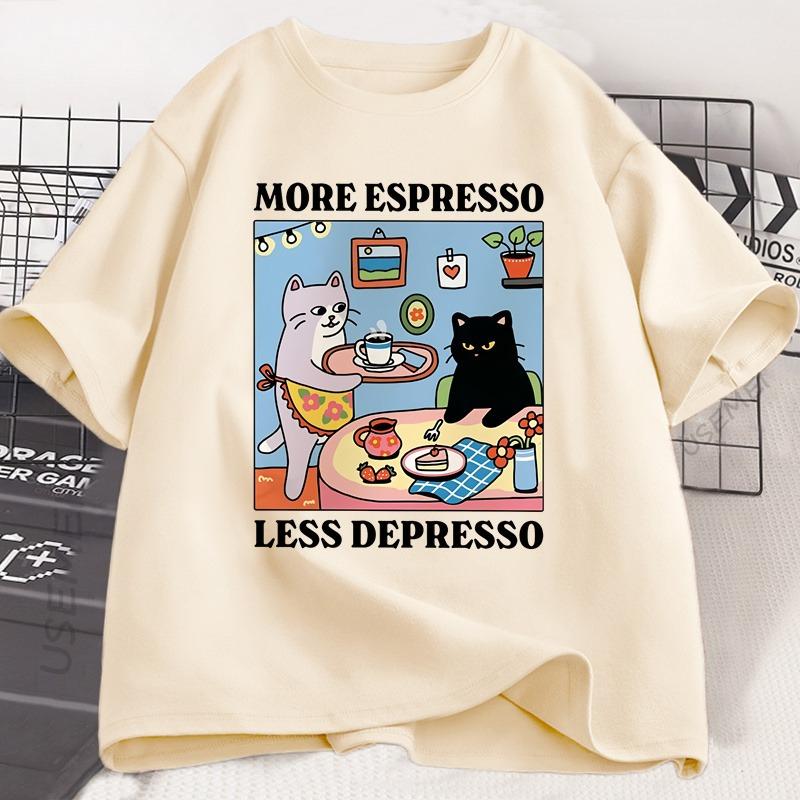 More Espresso Less Depresso Cat Coffee Graphic T Shirt Funny Coffee Lover Tee Unisex Casual Cotton Streetwear Short Sleeve Tops
