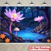 2D Enchanted Woodland Tapestry, Blue Stream with Ripples and Giant Pink Lotus Flowers