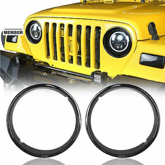 Bright Black Headlight Bezels Cover Front Light Trim for Jeep Wrangler TJ 97-06