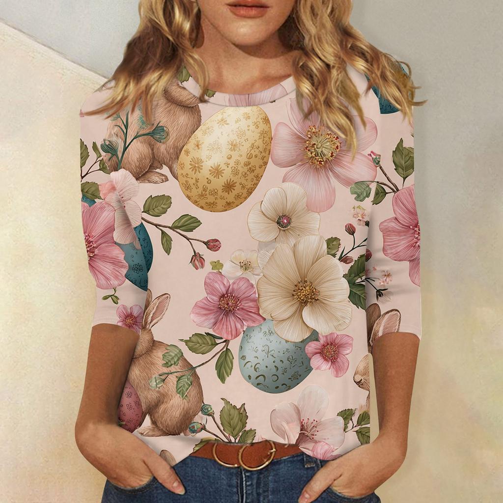 Women's Fashionable Casual Easter Bunny And Egg Print Neck Three-Quarter Sleeve T-Shirt