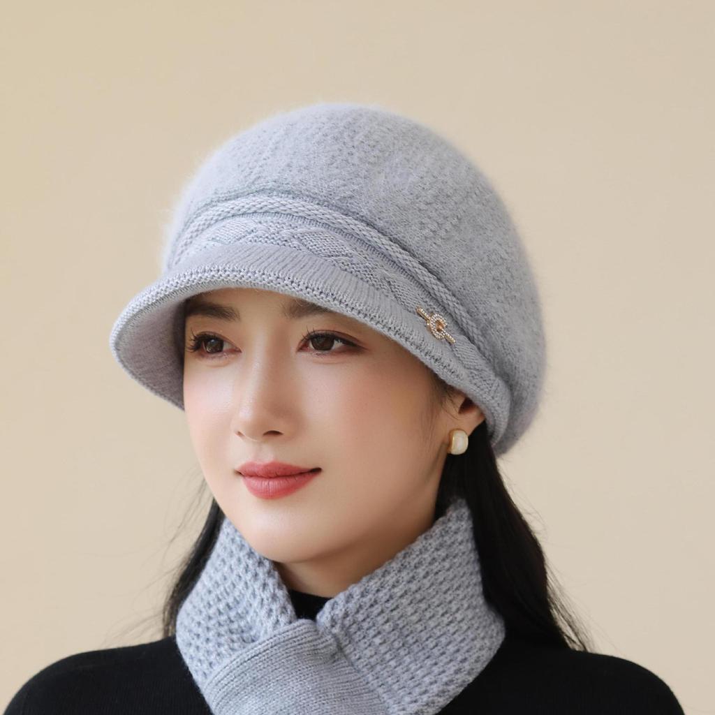 Fashionable Fur Ball Hat Windproof Duck Tongue Wool Hat for Middle aged and Elderly Women Winter Outdoor Warm Knitted Hat Fashionable