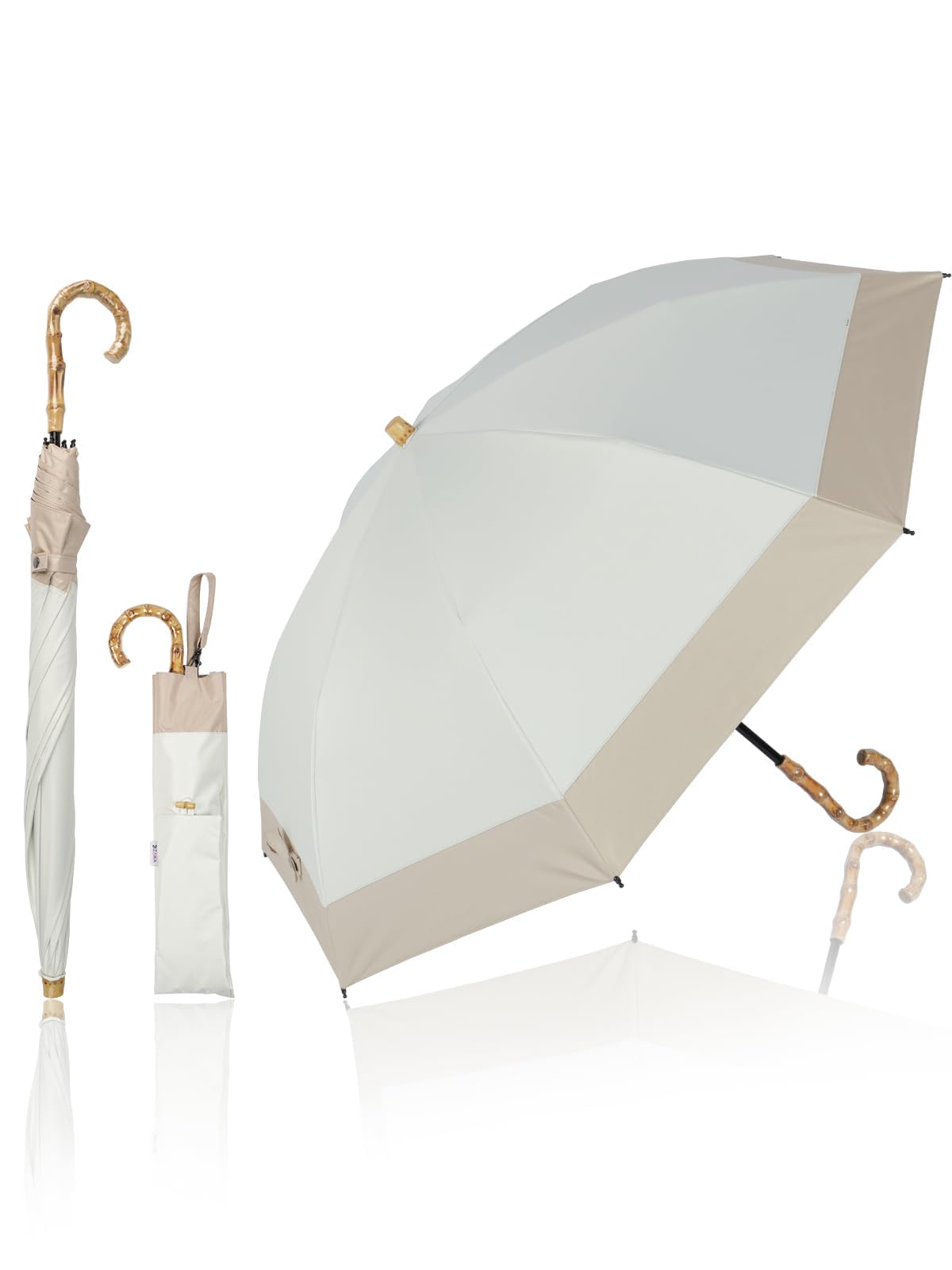 

KIZAWA Складной УФ-зонт с обратным открытием, Полный уровень защиты от света 5, Водо- и термостойкий, Подходит для солнца и дня, Бамбуковая ручка x Зонт, Двухсекционный, Защита, 100% блокировка,