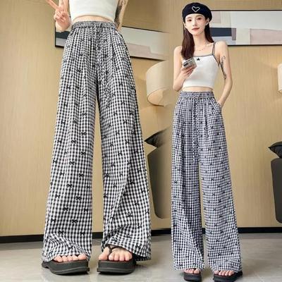 Retro Plaid Bow Printed Casual Pants for Women In Summer New High-waisted Slimming Wide-leg Women's Pants