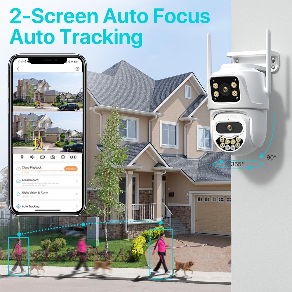 WIFI IP Camera 4K 8MP Dual Lens Security PTZ Camera HD Dual Screen Outdoor AI Auto Tracking CCTV Surveillance Camera iCSee