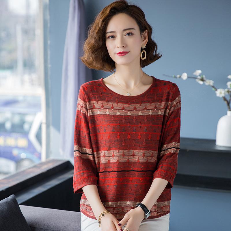 Spring and Summer Fashion Mom Knitted Sweater Women's Live Broadcast Explosion Round Neck Loose Seven-quarter Sleeve Striped Contrasting T-shirt Top
