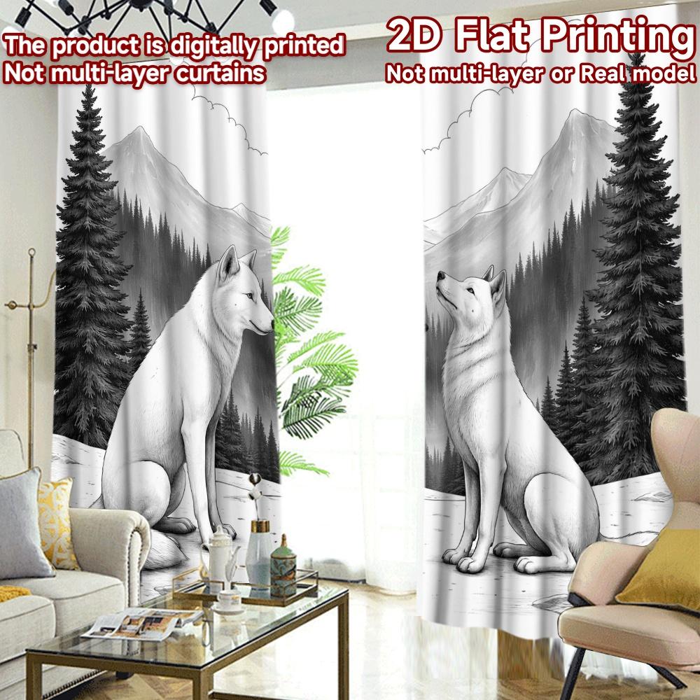 2D FLAT PRINTING 2pcs Curtains (Without Rod) Two Wolves In Mountains Popular Popular Curtain Semi-Sheer Curtains Crescent Moon