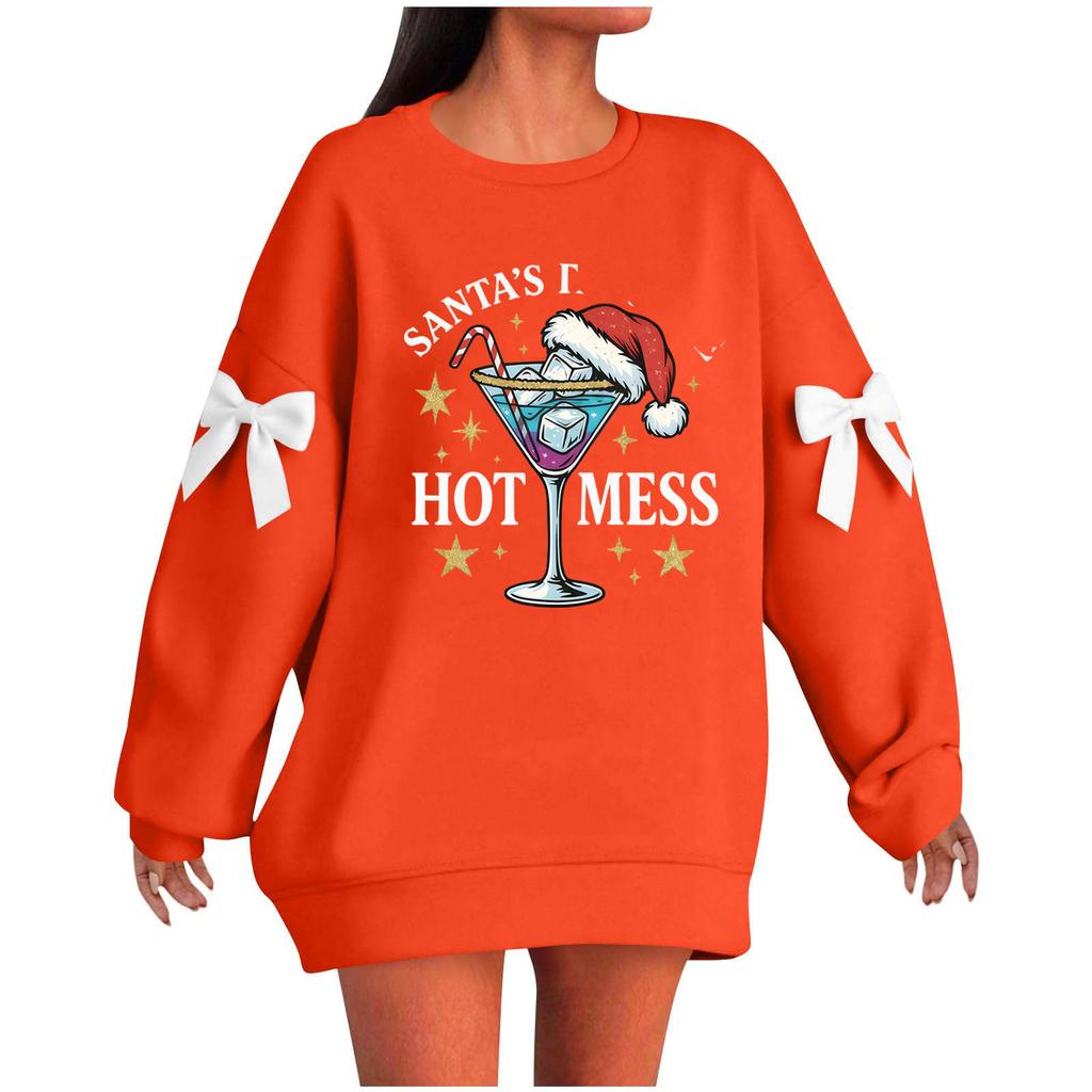 Ladies' Christmas Printed Bow Round Neck Long Sleeved Loose Pullover Sweater Sweatshirt Top