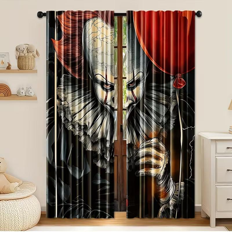 2 Pcs Evil clown print curtains,suitable for bedroom,living room kitchen decoration,home decoration,window decoration
