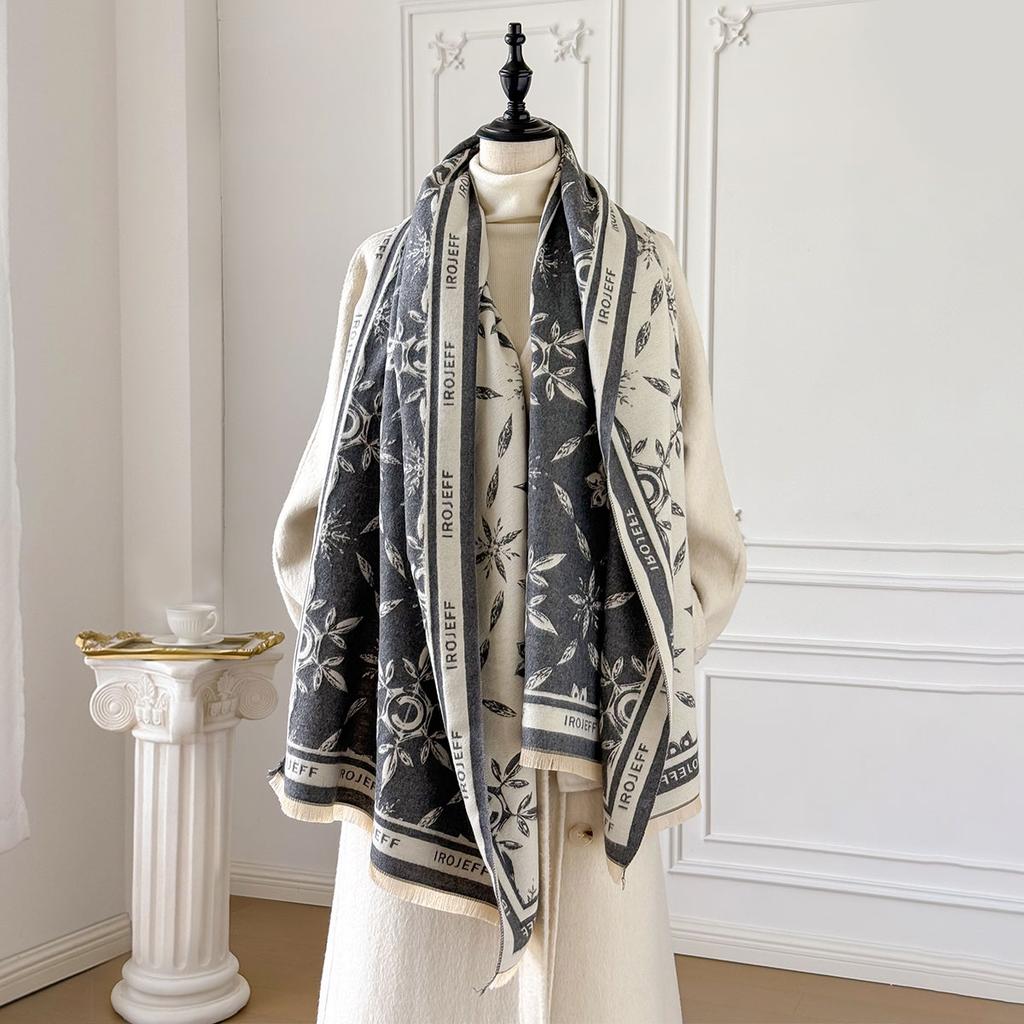 Elegant Jacquard Design Scarf Imitation Cashmere Soft Warm Fringe Shawl Autumn Winter Coldproof Windproof Blanket Scarf