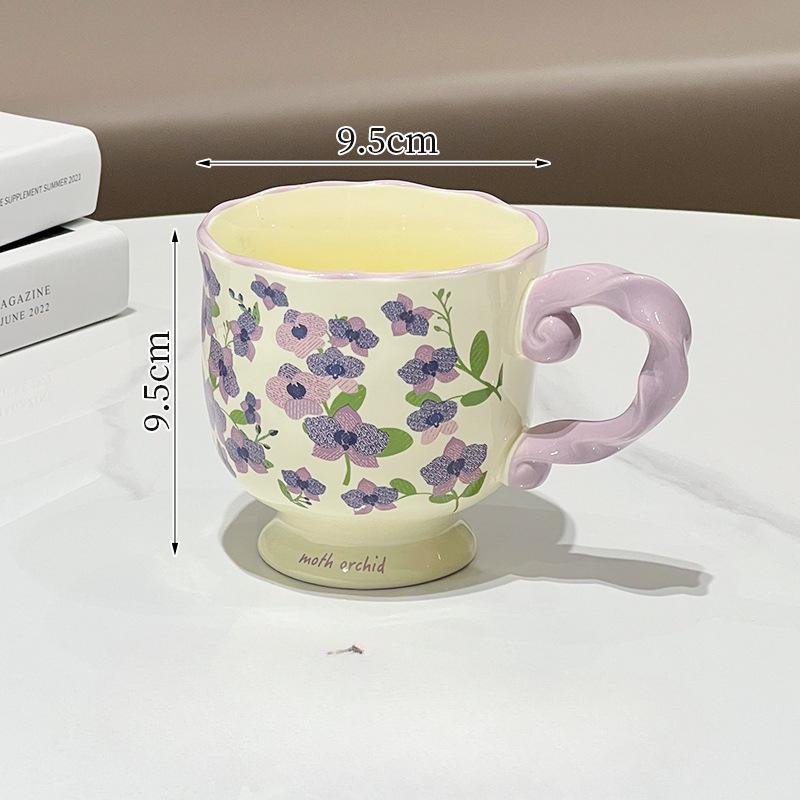 High looking Flowery and High Footed Ceramic Cup for Household Drinking Cup Pastoral Retro Couple Water Cup Office Coffee Cup