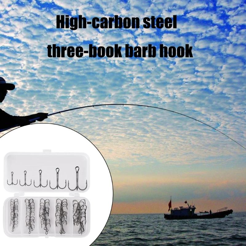 50Pcs/box Fishing Treble Hooks Set, High Carbon Steel Hooks Sharply Round Bend Treble Hooks Strong Barbed Fishing Hooks