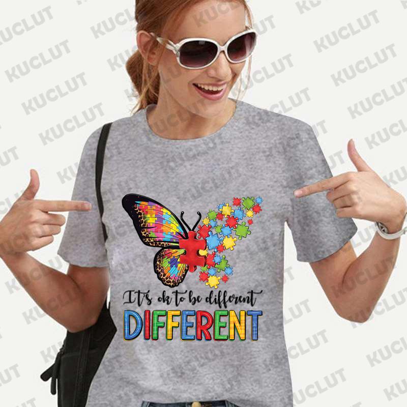 Its Okay To Be Different Autism Butterfly Shirt for Women Butterfly T-shirt Autism Acceptance Tshirt Short Sleeve Graphic Tops