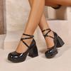Fashion Crossover Strap High Heels Autumn New Round Toe Patent Leather Platform Non-Slip Square Heel Single