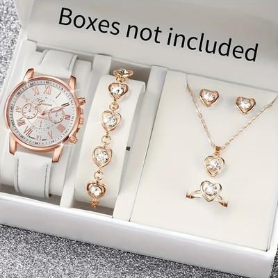 5Pcs/Set Niche Fashion Versatile Steel Belt Watch Stud Earrings Necklace Bracelet Ring Set No Gift Box