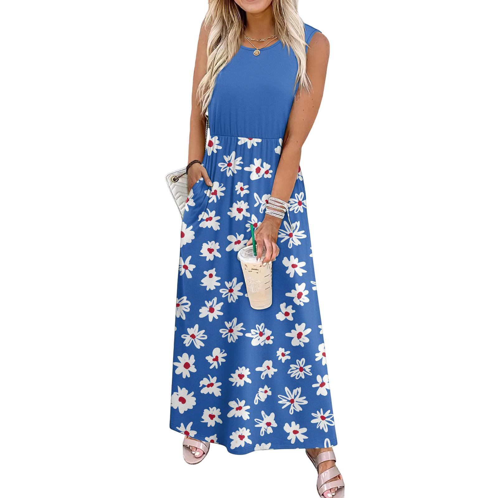 

Sleeveless Floral Print Maxi Dress for Women Casual Waist Defined Long Dress Lightweight Summer Style Crew Neck XXXL синий