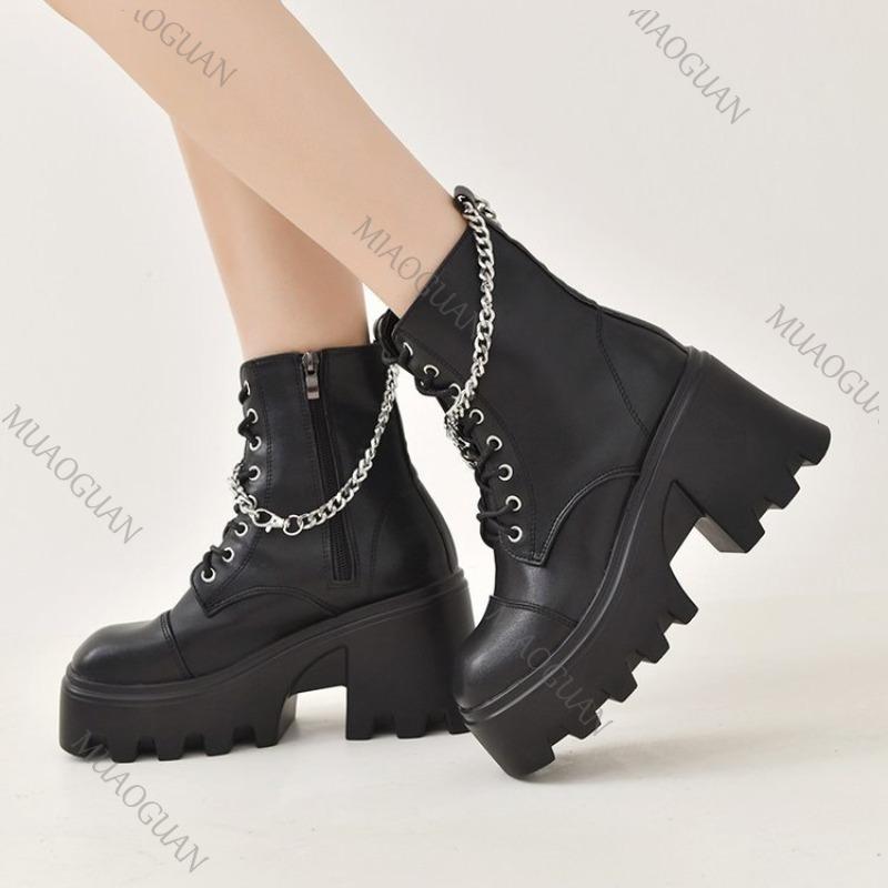 Fashion 2025 Autumn New Gothic Style Women's Thick Soled Punk Motorcycle Boots Chunky High Heels Chain Black Punk Short Knight Botines