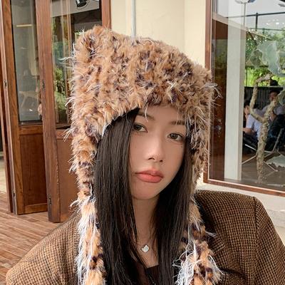 Leopard Print Plush Hat Women's Autumn and Winter Thickened Warm Pullover Hat Versatile Cute Wool Hat Personalized Knitted Hat Cold Hat
