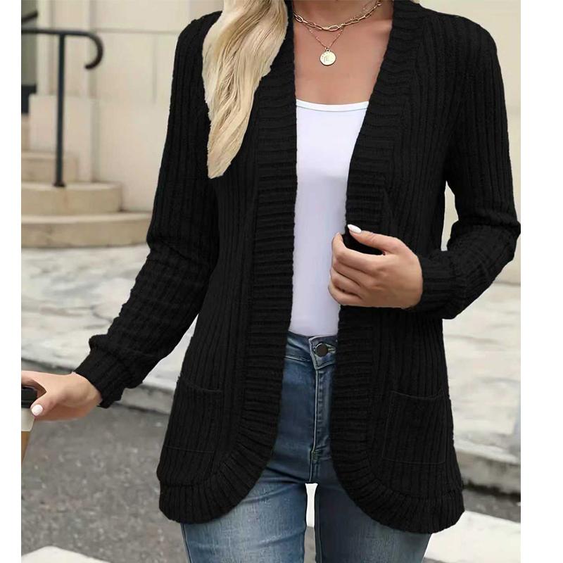 Frühlings- und Herbstmode Damen Einfarbig Lässige Rippstrick Gebürstete Strickjacke