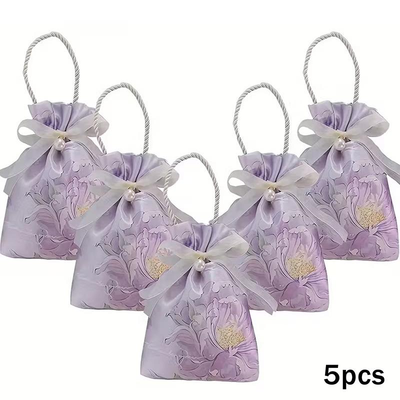 5 Pieces Elegant Floral Drawstring Gift Bags With Pearl Embellishments And Ribbon - Perfect For Weddings, Birthdays, Holidays