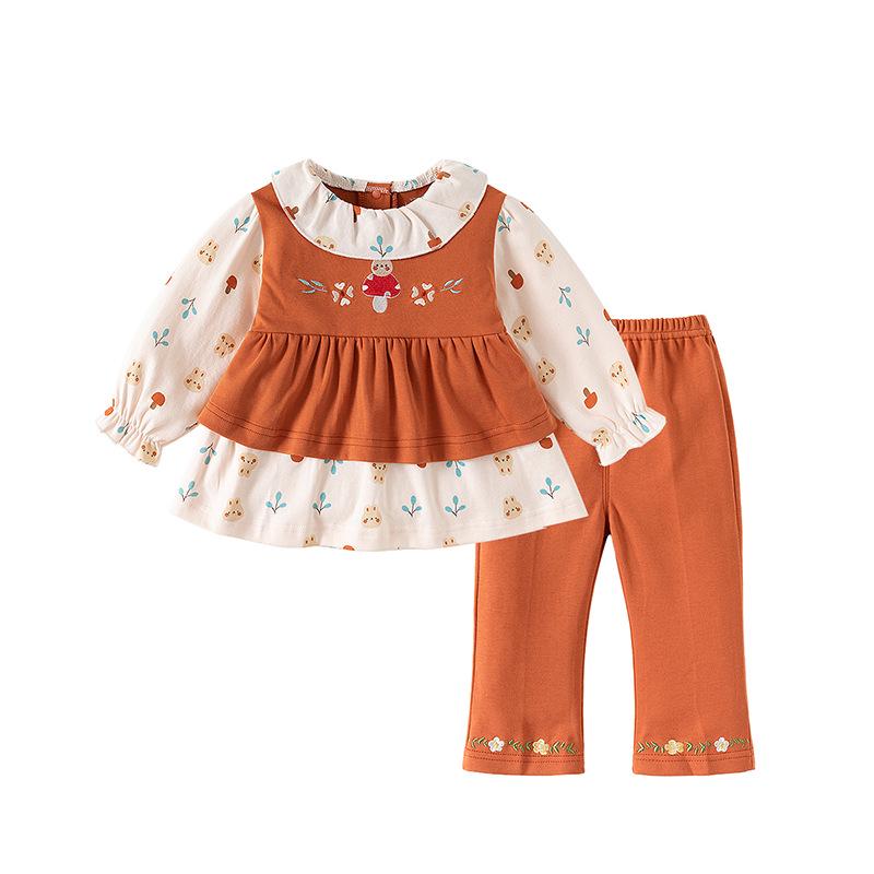 

Girls Floral Print Faux Two-Piece Cotton Set: Stylish Long Sleeve Spring/Autumn Outfit 90cm