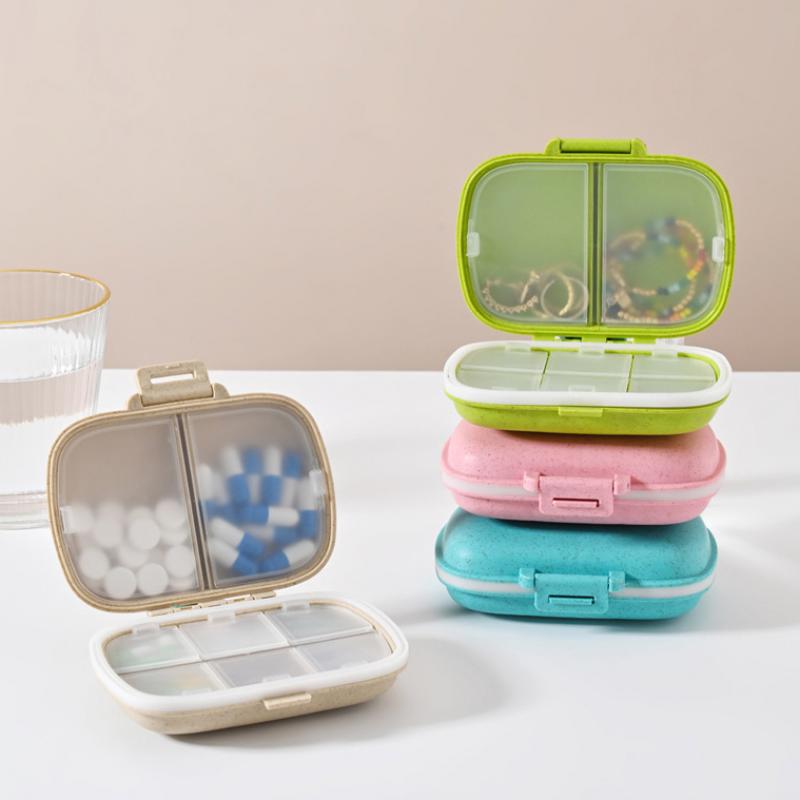 Mini Portable 8 Grids Pill Box Travel Medicine Organizer Container Wheat Sealed Tablets Storage Dispenser Box for Medicines